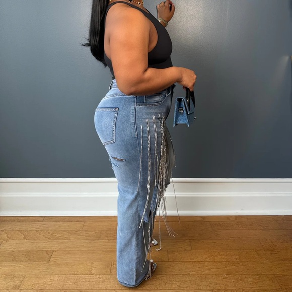 Luxe Rhinestone Fringe Stretch Jeans - Picture 4 of 5